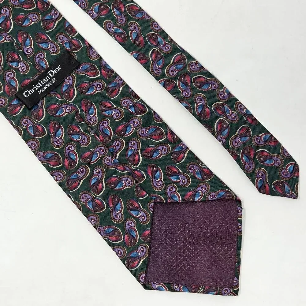CHRISTIAN DIOR MONSIEUR VINTAGE SILK TIE GREEN PURPLE PAISLEY 4